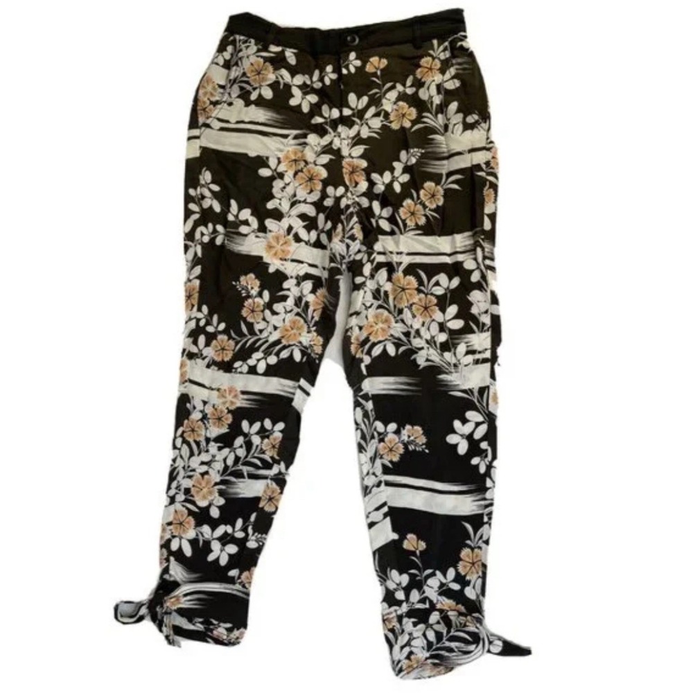 Anthropologie Elevenses Women Pants Size L‎ Black Floral Joggers Tie Hem Pockets